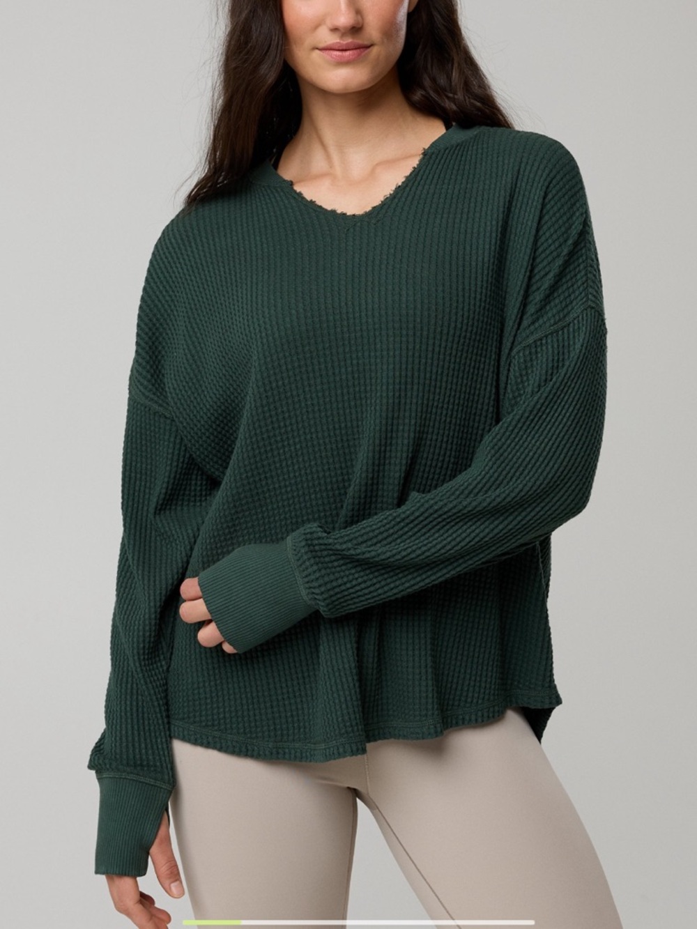 Aerie Offline Mystical Dark Green Waffle-Knit Long Sleeve Top, Size Large, NWT